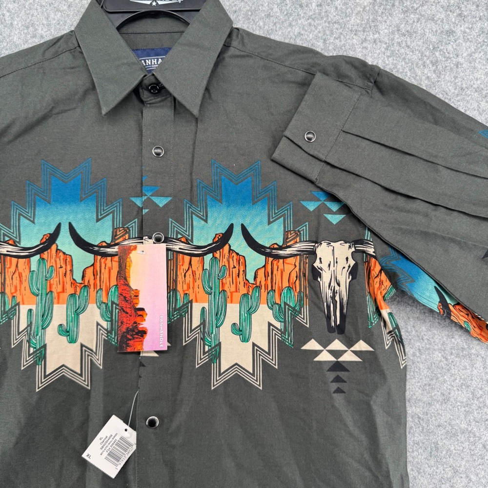 Panhandle Western Shirt Boys XL Charcoal Aztec Steer Skull Border Print NWT